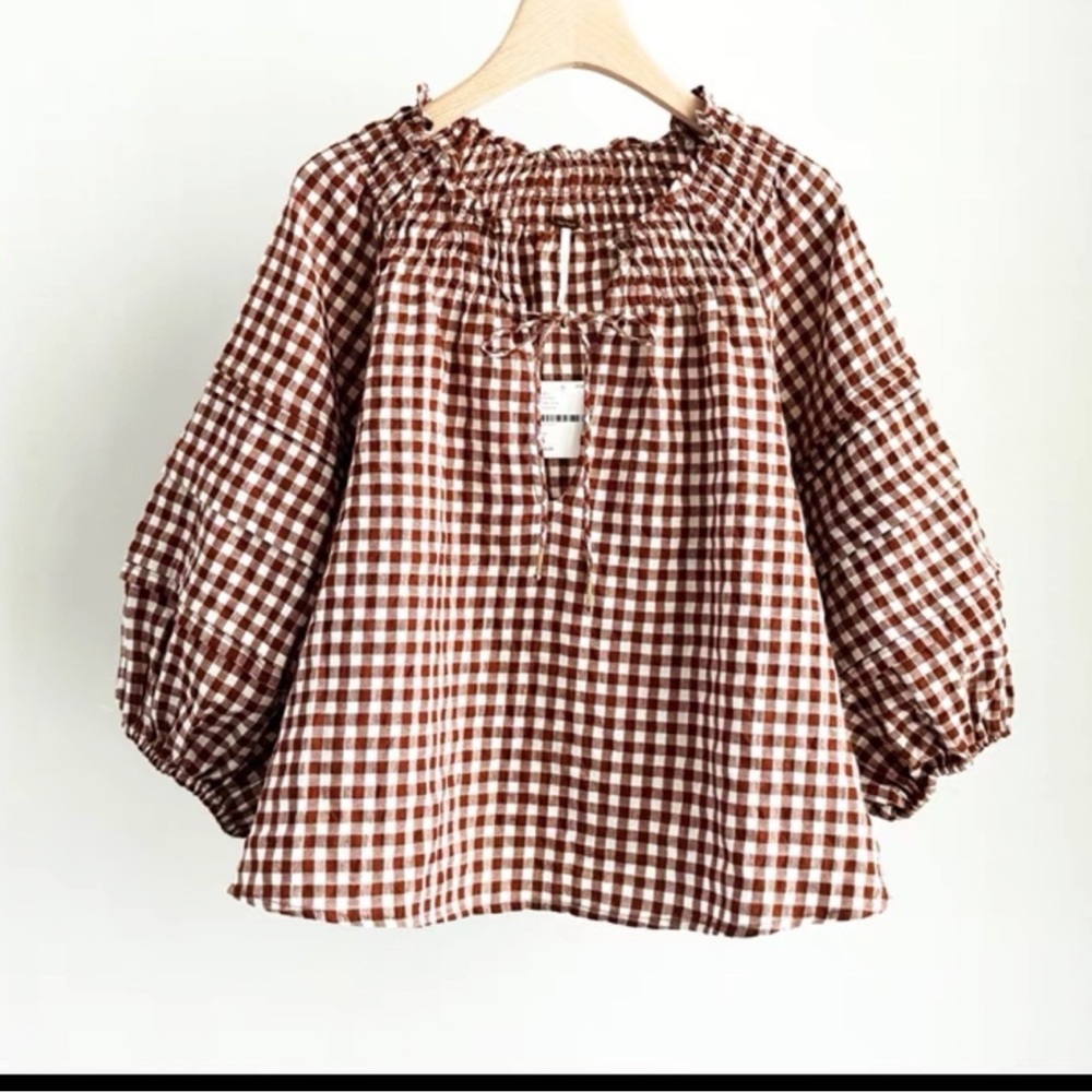 Free People Brown Checkered Smock-Neck Short Puff Sleeve Women's Top